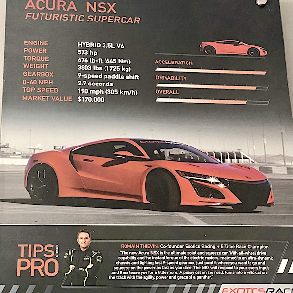 Photo of the specs of the Acura NSX